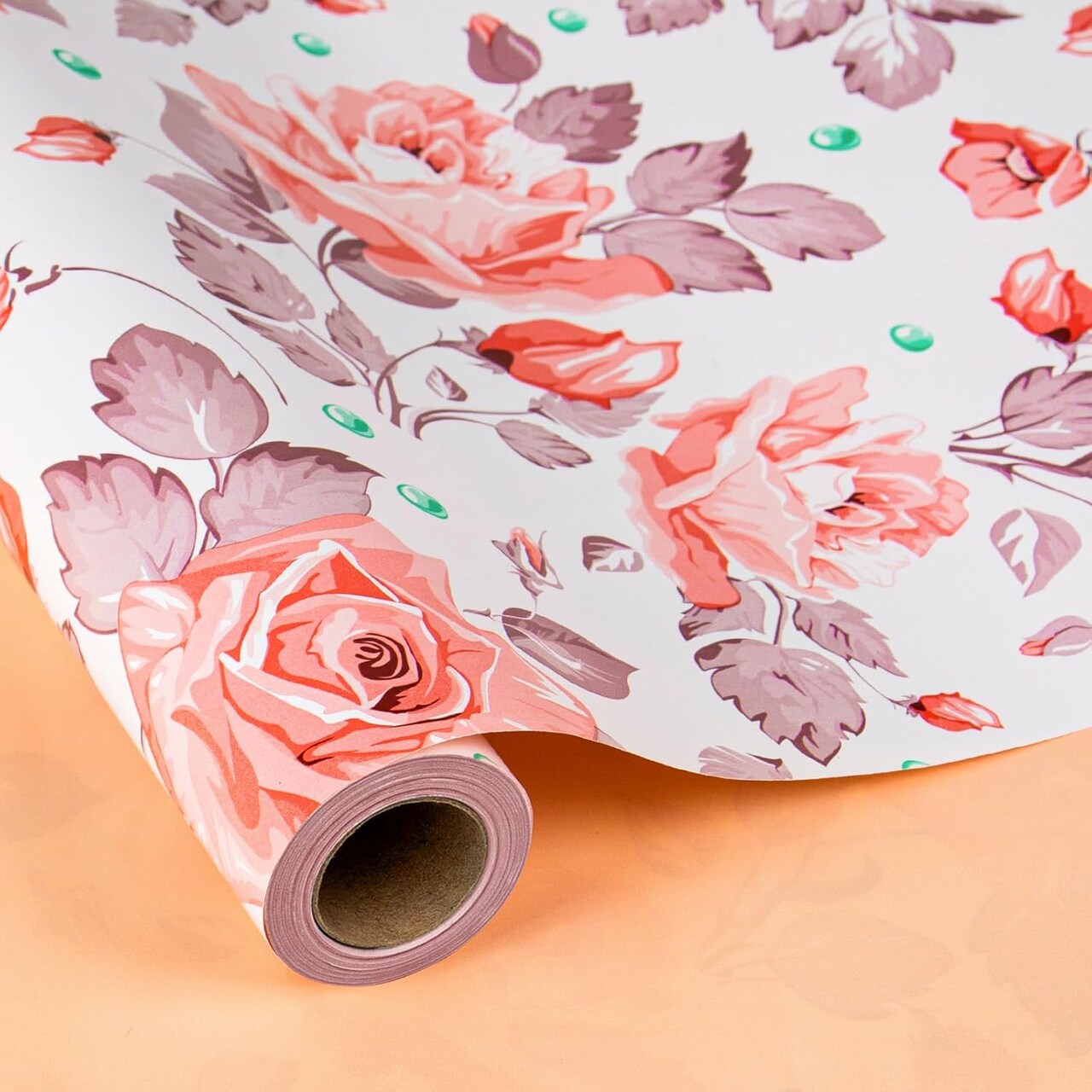 Flower Gift Wrapping Paper Roll – 17” x 33 ft, Elegant Luxury Floral with Gold Accents for Birthday, Wedding, Bridal Shower, Baby Shower & Mother’s Day (Pink/Grey Floral)